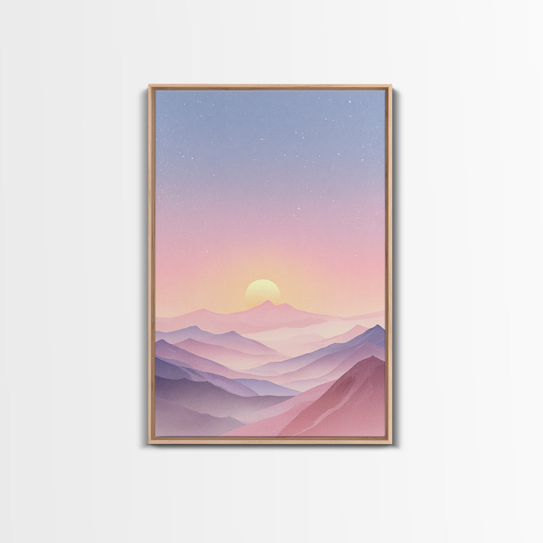 Pastel Mountain Sunrise Under Starry Sky Wall Art, Minimalist Landscape Print, Calming Bedroom Decor, Modern Home Decor, Gift