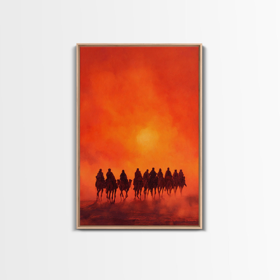 Silhouettes Of Travelers On Camels Against Vibrant Orange Sunset Desert Landscape Wall Art Canvas Print