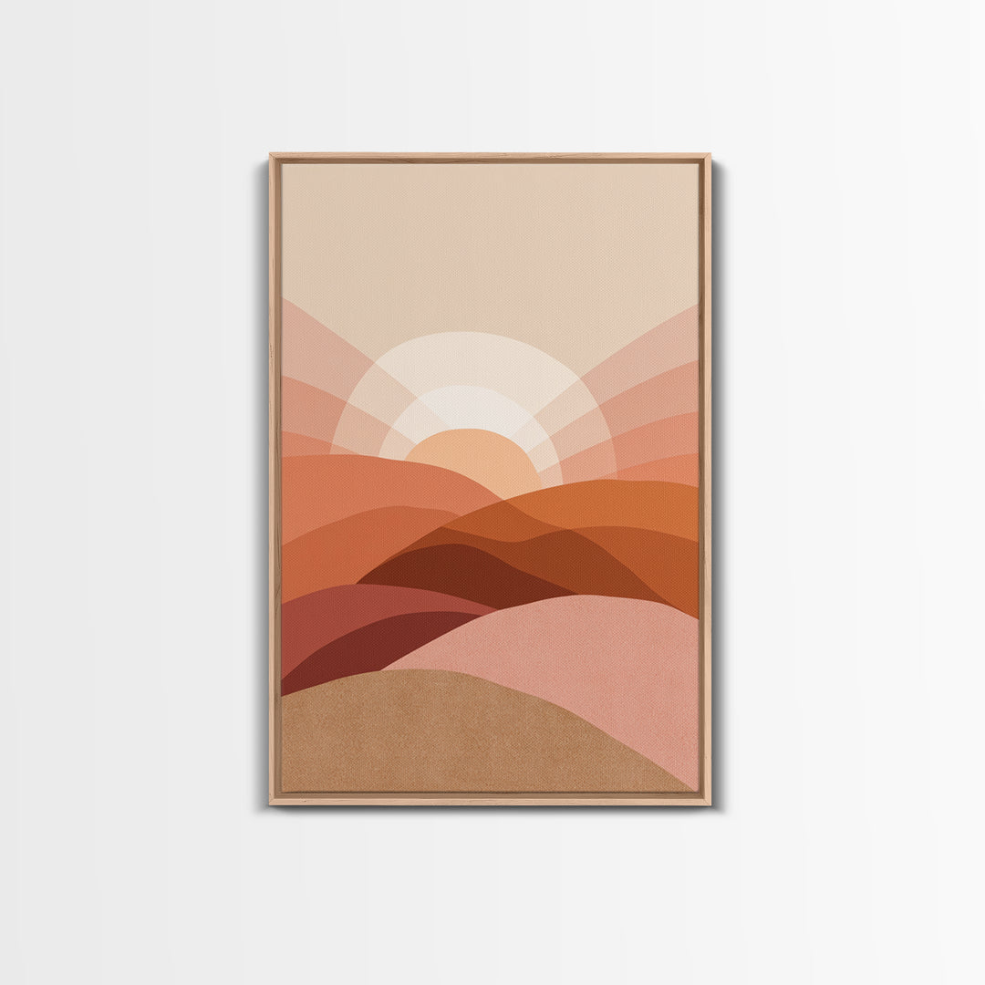 Terracotta Desert Sunrise Over Layered Hills Framed Canvas Print, Boho Wall Art, Earth Tone Decor, Large Abstract Landscape