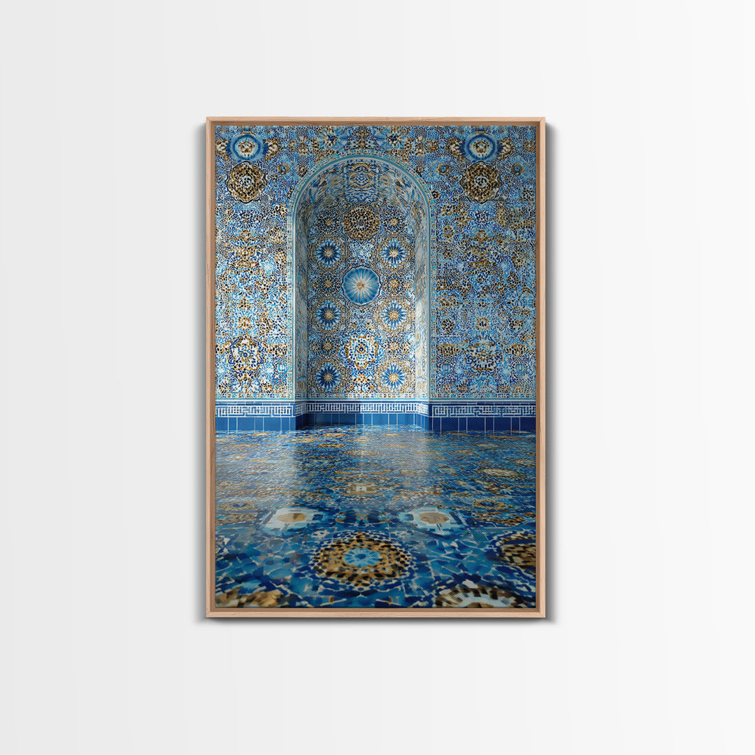 Intricate Islamic Tile Pattern Blue And Gold Wall Art Framed Canvas Print Featuring Elegant Cultural Home Decor Or Gift