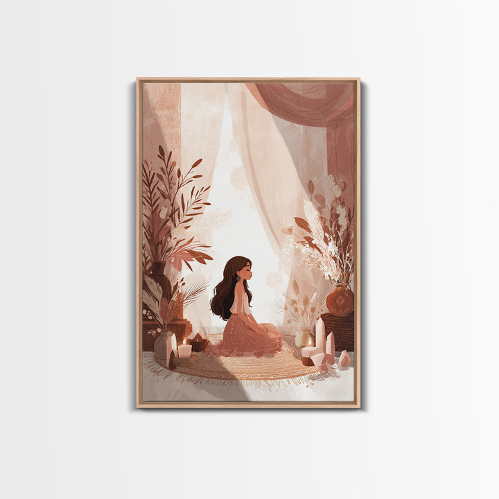 Boho Meditation Girl With Crystals And Pampas Framed Canvas Print, Yoga Studio Wall Art, Spiritual Decor, Boho Home Decor Gift