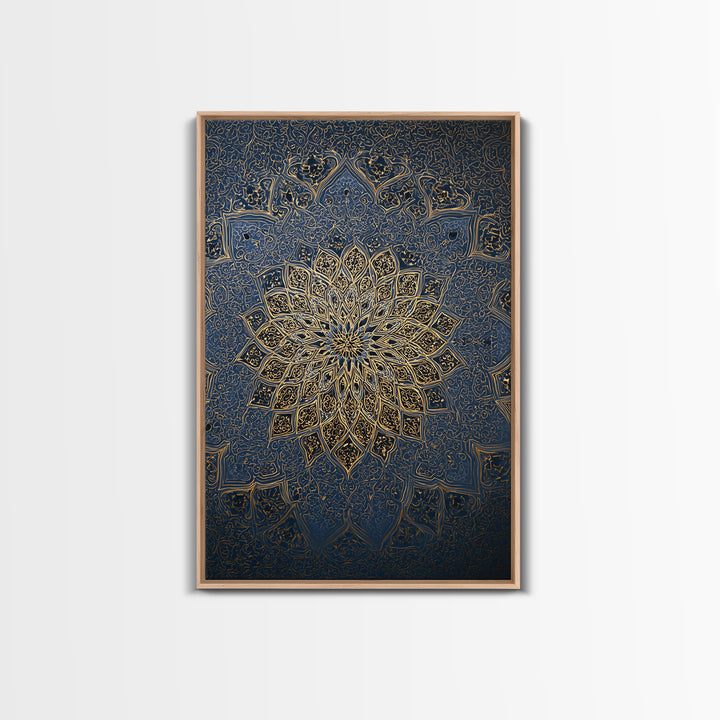 Intricate Blue And Gold Islamic Mandala Wall Art With Ornate Patterns Framed Canvas Print For Elegant Modern Home Decor