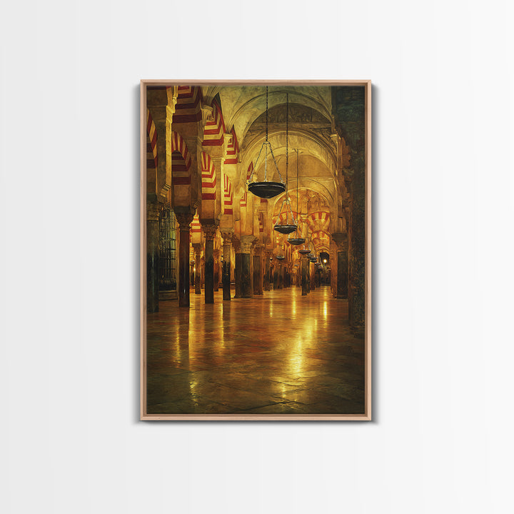 Golden Mosque Interior Glowing Warm Light Framed Canvas Islamic Wall Art Traditional Architecture Home Decor