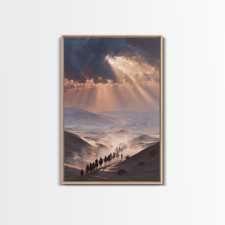 Desert Caravan Landscape Painting Dramatic Sunset Wall Art Framed Canvas Print For Southwest Home Decor Gift