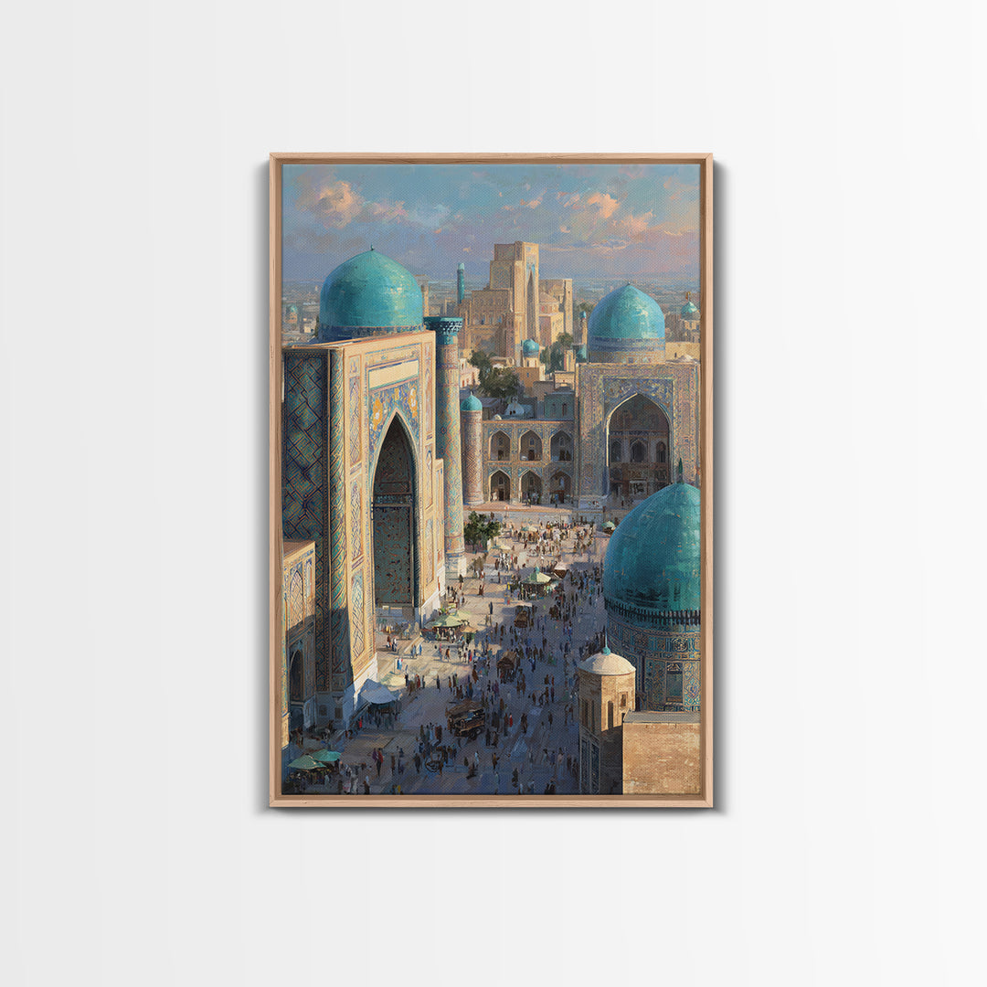 Sunlit Oriental Market Street With Blue Domed Buildings Painting Wall Art Framed Canvas Print