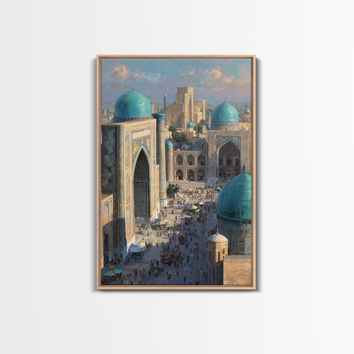 Sunlit Oriental Market Street With Blue Domed Buildings Painting Wall Art Framed Canvas Print