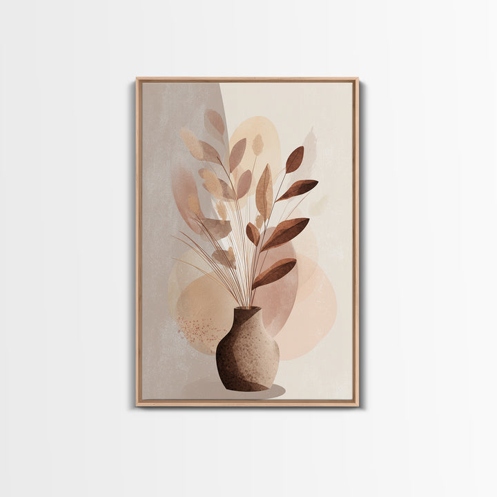 Neutral Botanical Vase With Soft Abstract Leaves Framed Canvas Print, Minimalist Wall Art, Japandi Decor, Modern Home Decor