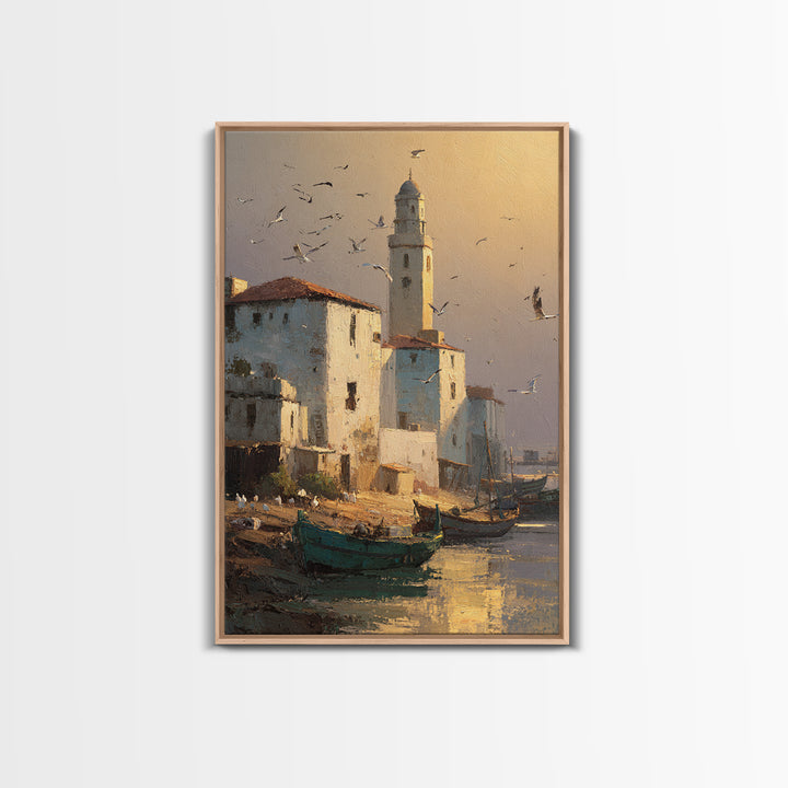 Quiet Coastal Town Harbor Scene With Boats And Warm Light Canvas Print Wall Art For Nautical Home Decor And Living Room Wall Art