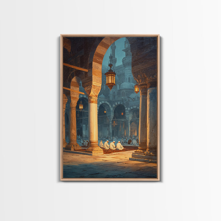 Ancient Mosque Interior With Worshippers And Pillars Framed Canvas Print Islamic Wall Art Modern Home Decor