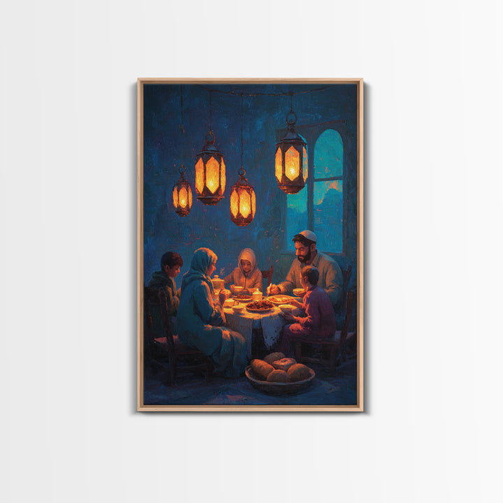 Warm Family Dinner Scene Oil Painting Inspired Wall Art Framed Canvas Print For Cozy Home Decor Gift For Loved Ones