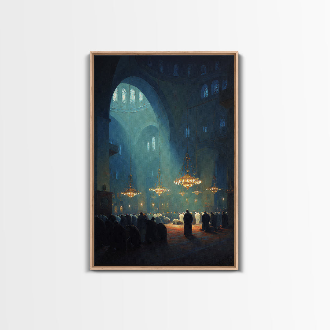 Spiritual Worship Scene Inside Cathedral With Light Beams And Congregation Modern Wall Art Canvas Print For Living Room Décor