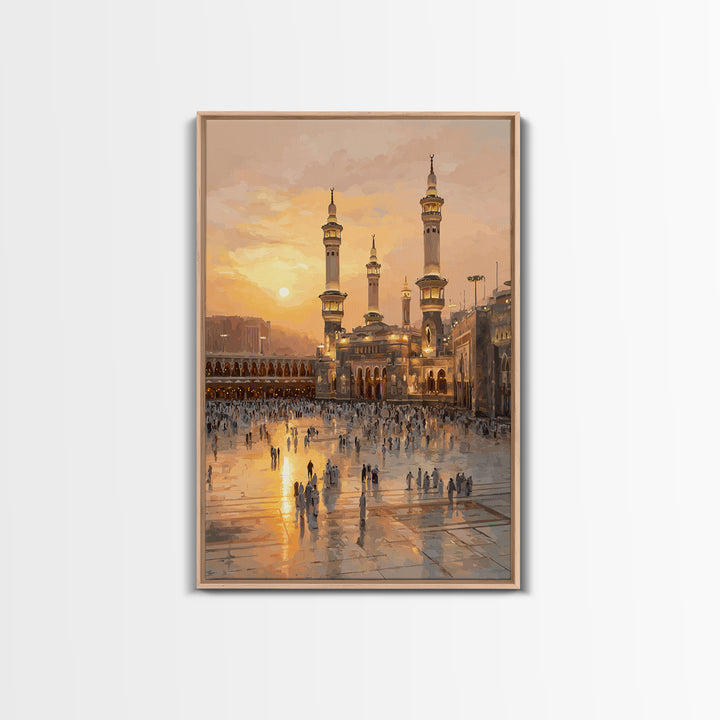 Sunset Over Mecca Mosque Digital Painting Wall Art Framed Canvas Print For Islamic Home Decor And Spiritual Gifts