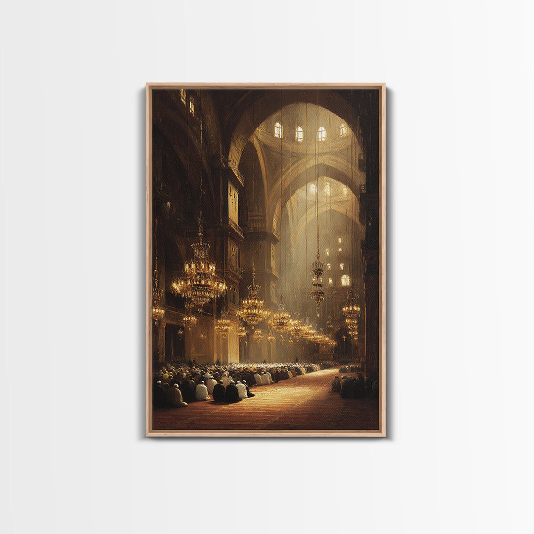 Majestic Mosque Interior With Warm Golden Light And Praying Crowd Religious Wall Art Perfect Home Decor