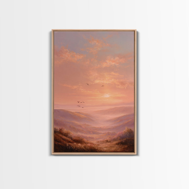 Golden Sunset Mountain Valley With Birds Framed Canvas Print, Landscape Wall Art, Warm Nature Decor, Living Room Wall Decor
