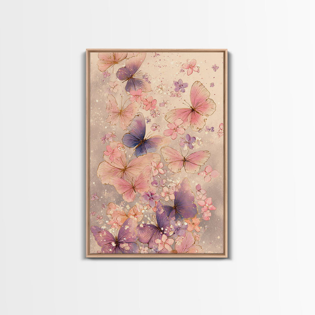 Pink And Purple Butterflies With Tiny Blossoms Framed Canvas Print, Feminine Wall Art, Butterfly Art Print, Nursery Decor