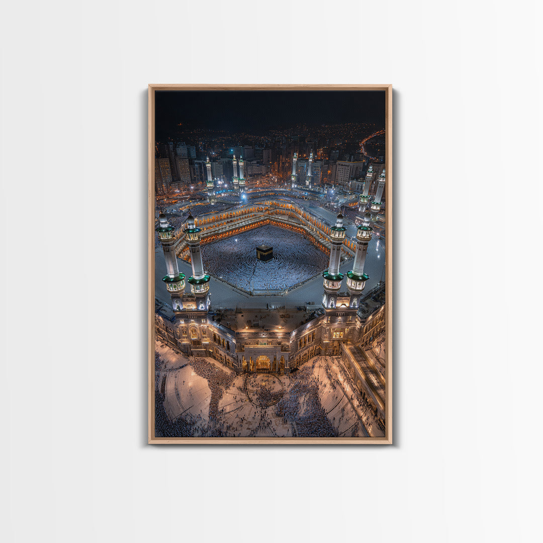 Aerial Nighttime View Of Mecca Holy Mosque And Kaaba Islamic Spiritual Artwork Large Wall Art Framed Canvas Print For Home Decor
