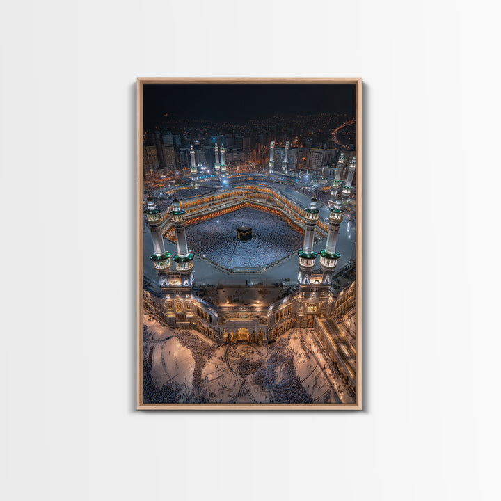 Aerial Nighttime View Of Mecca Holy Mosque And Kaaba Islamic Spiritual Artwork Large Wall Art Framed Canvas Print For Home Decor
