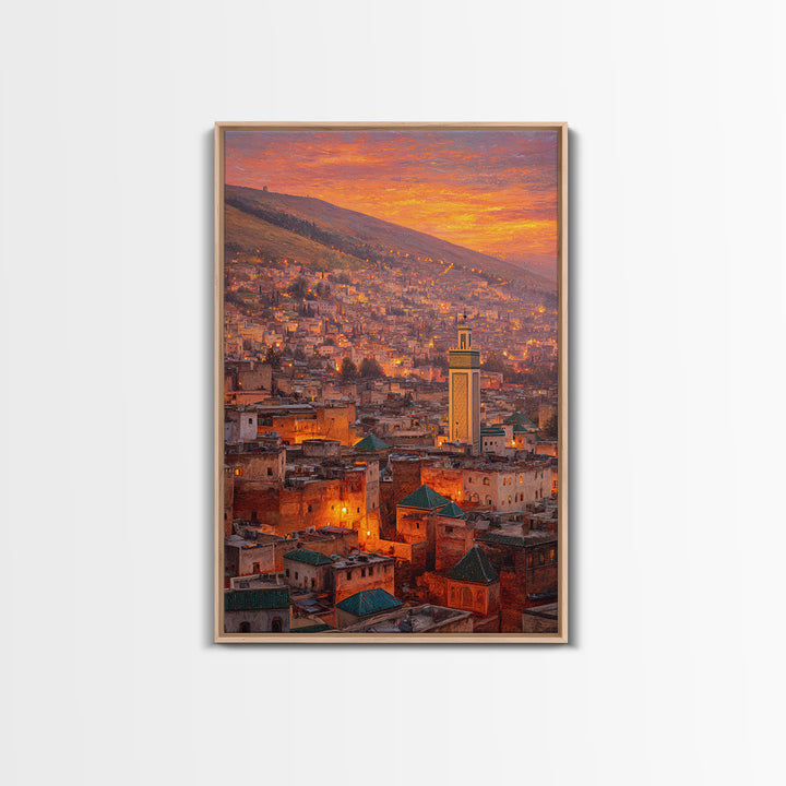 Sunlit Moroccan Cityscape At Dawn With Vibrant Orange Hues And Traditional Green Tiled Roofs Wall Art