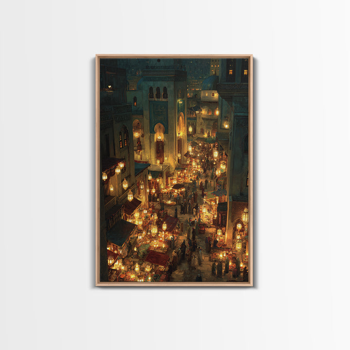 Bustling Middle Eastern Market At Night Glowing Lanterns Exotic Bazaar Wall Art Framed Canvas Print For Decor