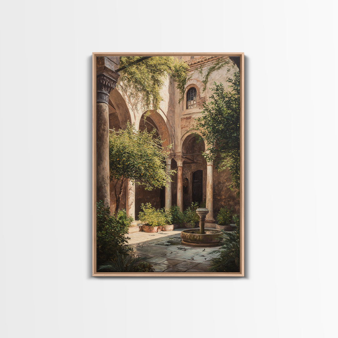 Sunlit Mediterranean Courtyard Garden Wall Art Framed Canvas Print For Rustic Home Decor