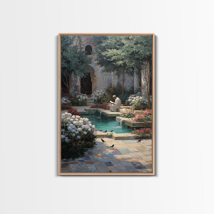 Serene Islamic Courtyard With Reflective Pool And Reading Man Oriental Framed Canvas Print Elegant Wall Art For Sophisticated Home