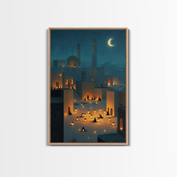 Peaceful Lantern Lit Desert Scene With Blue Twilight Desert Night Wall Art Framed Canvas Print For Bedroom