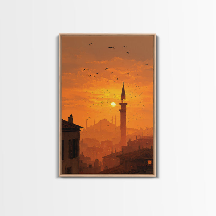 Golden Hour Sunset Over Cityscape With Birds Flying Wall Art Canvas Print For Warm Home Decor And Relaxing Living Room