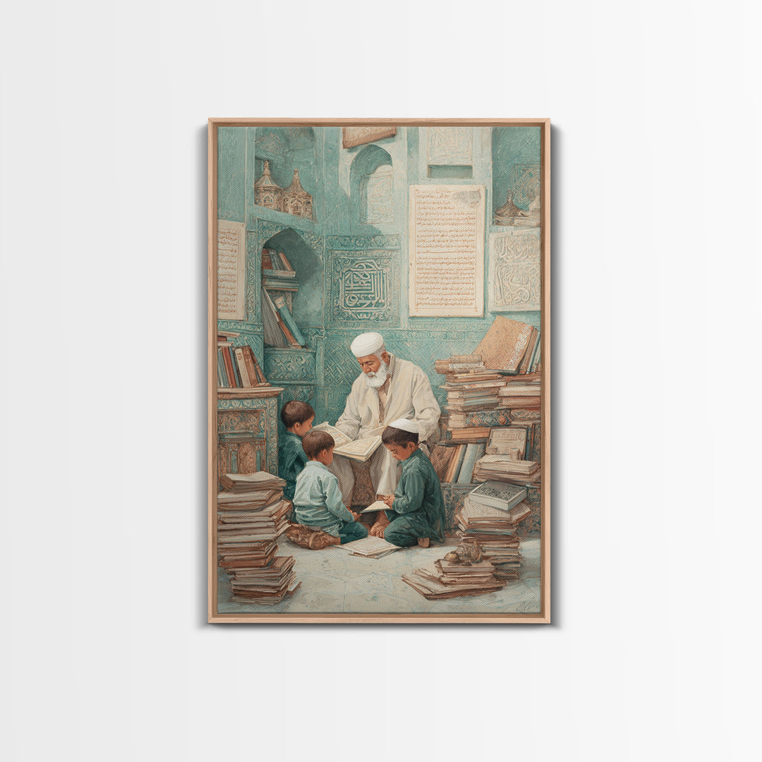 Traditional Islamic Learning Scene With Elderly Teacher And Students Wall Art Framed Canvas Print For Home Decor