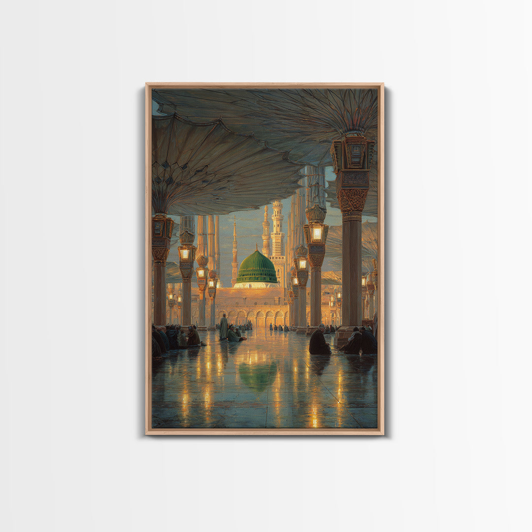 Historic Mosque Interior Painting With Ornate Architecture And Worshippers Canvas Print Wall Art For Spiritual Home Decor