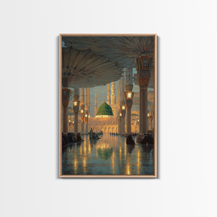 Historic Mosque Interior Painting With Ornate Architecture And Worshippers Canvas Print Wall Art For Spiritual Home Decor