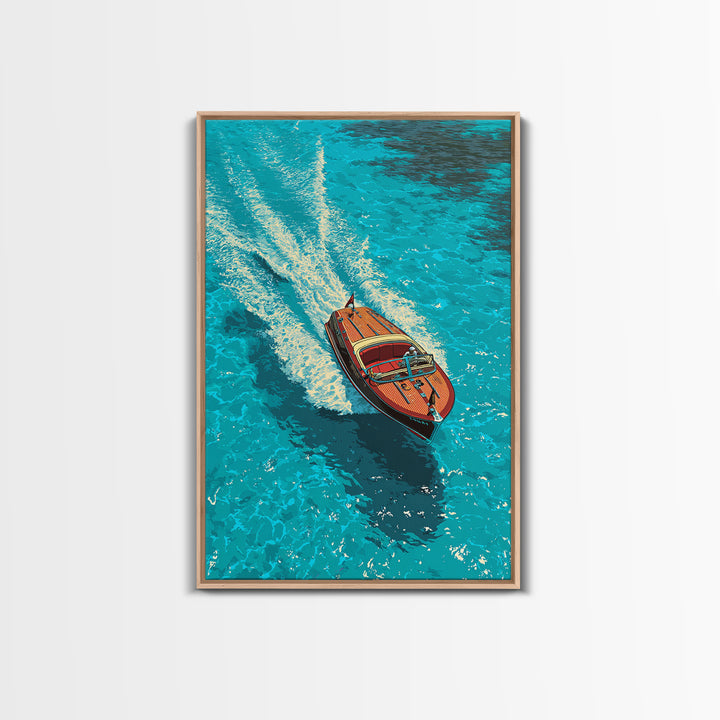 Classic Wooden Speedboat Zooming Through Deep Blue Water - Vibrant Canvas Print For Coastal Wall Art