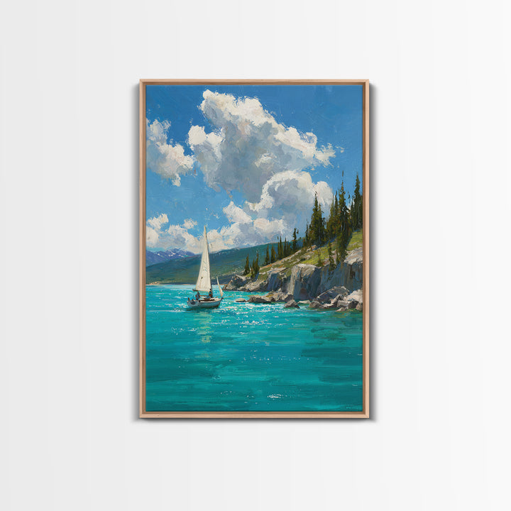 Serene Mountain Lake Sailing Scene Oil Painting Canvas Print For Calm Living Room Decor And Nautical Wall Art