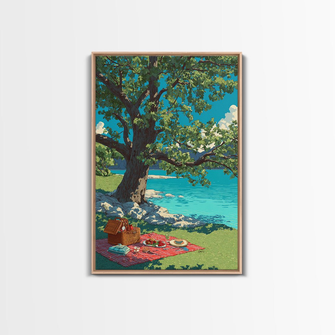 Peaceful Picnic Beside Lake With Oak Tree And Bright Blue Water Canvas Print Modern Wall Art For Living Room
