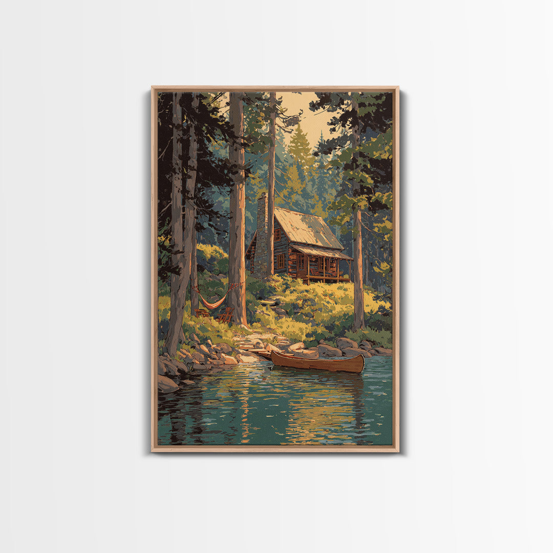 Cozy Log Cabin In Forest Landscape Painting Wall Art Boho Rustic Canvas Print For Cabin And Farmhouse Home Decor