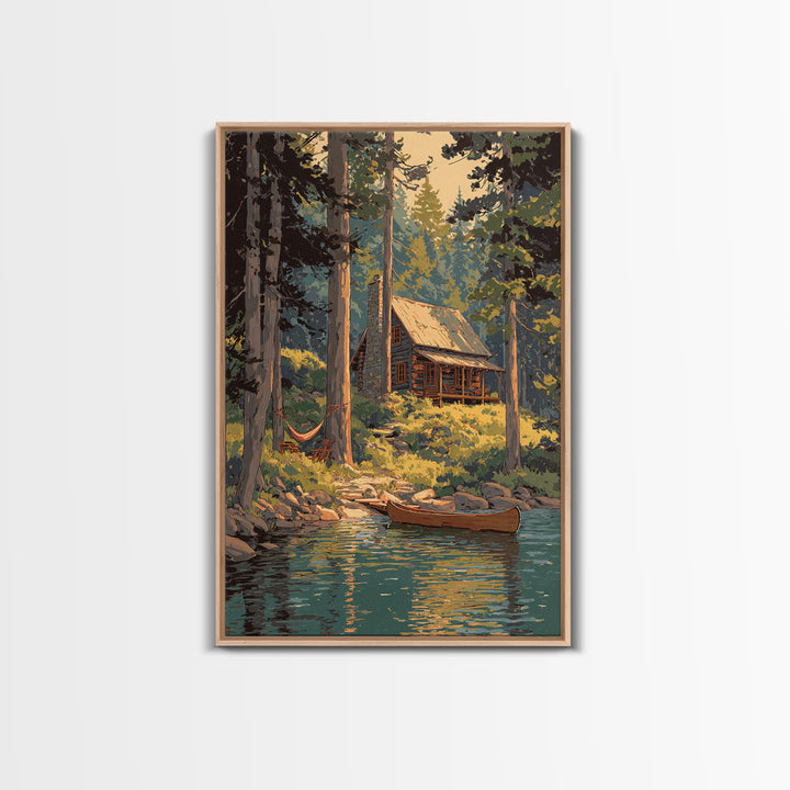 Cozy Log Cabin In Forest Landscape Painting Wall Art Boho Rustic Canvas Print For Cabin And Farmhouse Home Decor