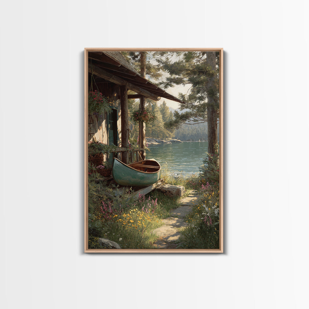 Peaceful Lakeside Cabin With Canoe Surrounded By Wildflowers Wall Art Framed Canvas Print For Rustic Home Decor