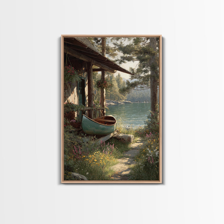 Peaceful Lakeside Cabin With Canoe Surrounded By Wildflowers Wall Art Framed Canvas Print For Rustic Home Decor