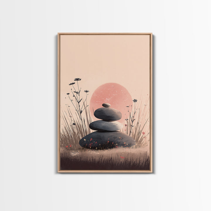 Stacked Zen Stones In Blush Grass Framed Canvas Print, Meditation Wall Art, Spa Wall Decor, Calming Minimalist Art, Peaceful Home Decor