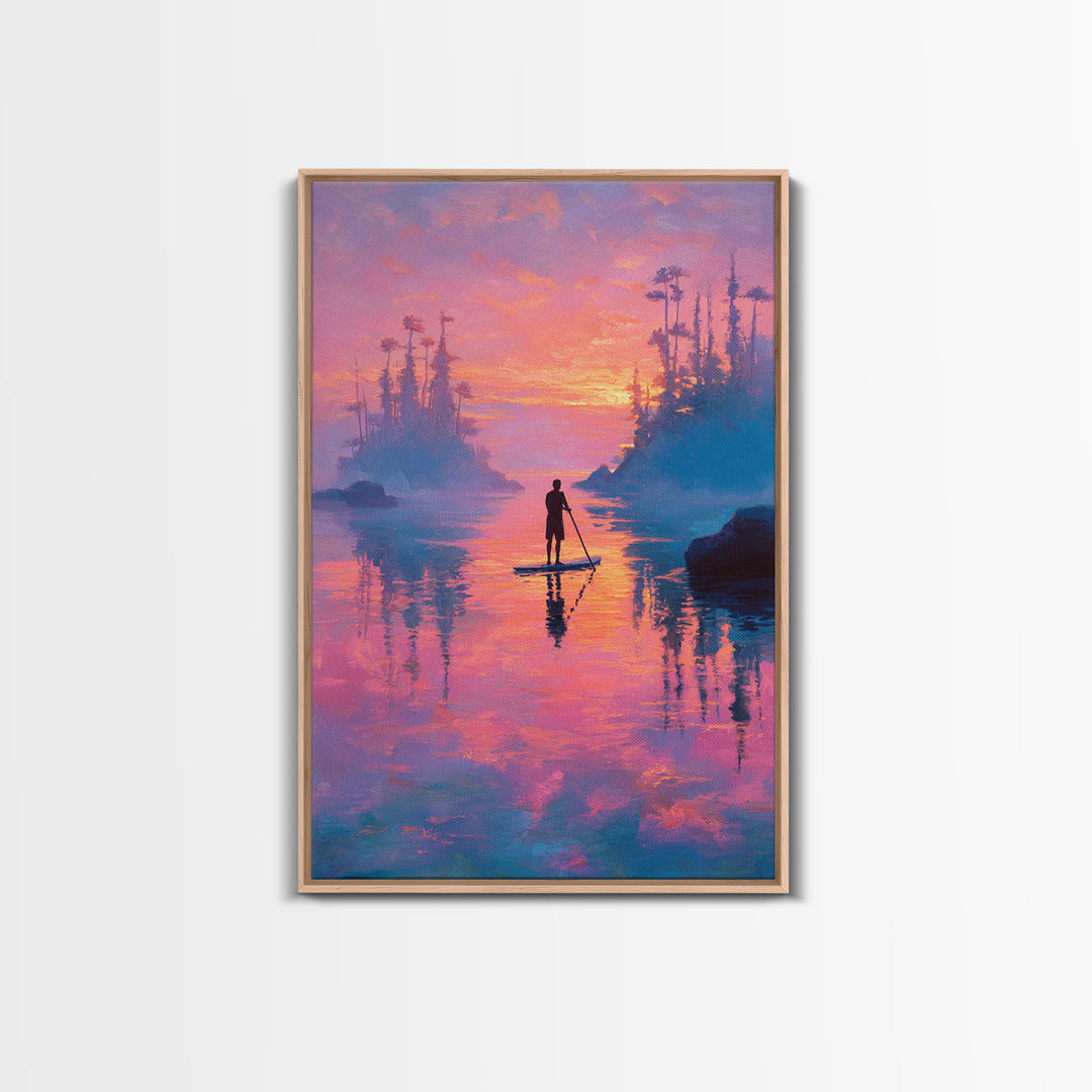 Sunset Paddleboarder On Calm Water Pink And Purple Sky Landscape Wall Art Canvas Print For Tranquil Bedroom And Living Room