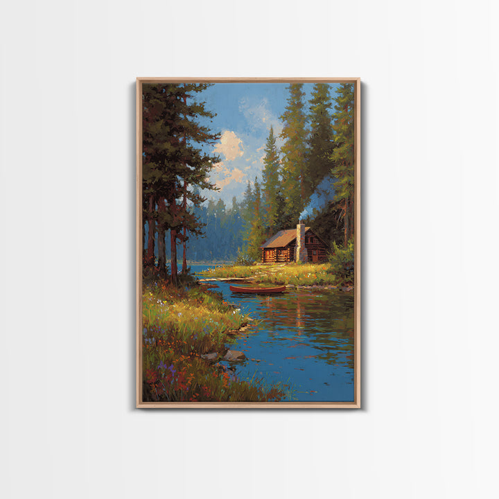 Cozy Cabin By Peaceful River Landscape Painting Canvas Print Natural Wall Art Decor Framed Canvas Print