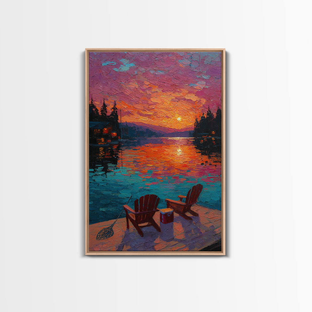 Vibrant Oil Painting Sunset Over Water With Adirondack Chairs And Cooler - Canvas Print For Cozy Wall Art And Relaxing Outdoor Home Decor