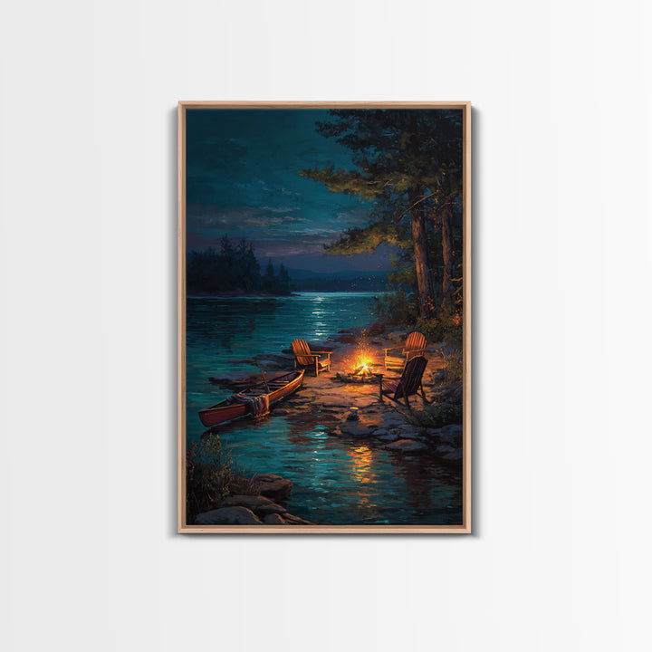 Peaceful Lakeside Campfire Scene Painting Wall Art Featuring Canoe And Adirondack Chairs Perfect For Cozy Living Room Decor