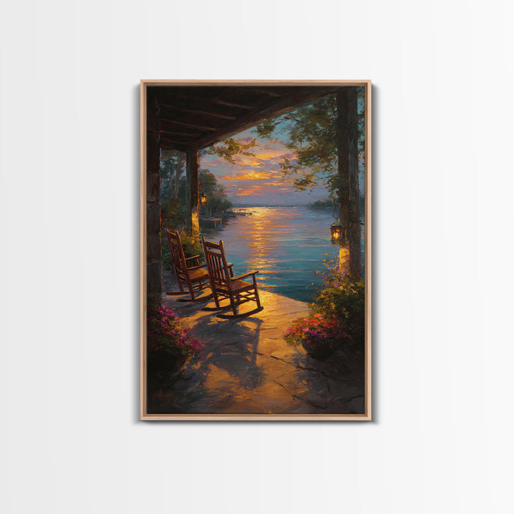 Peaceful Lakeside Porch Sunset With Rocking Chairs Oil Painting Wall Art Framed Canvas Print For Cozy Home Decor