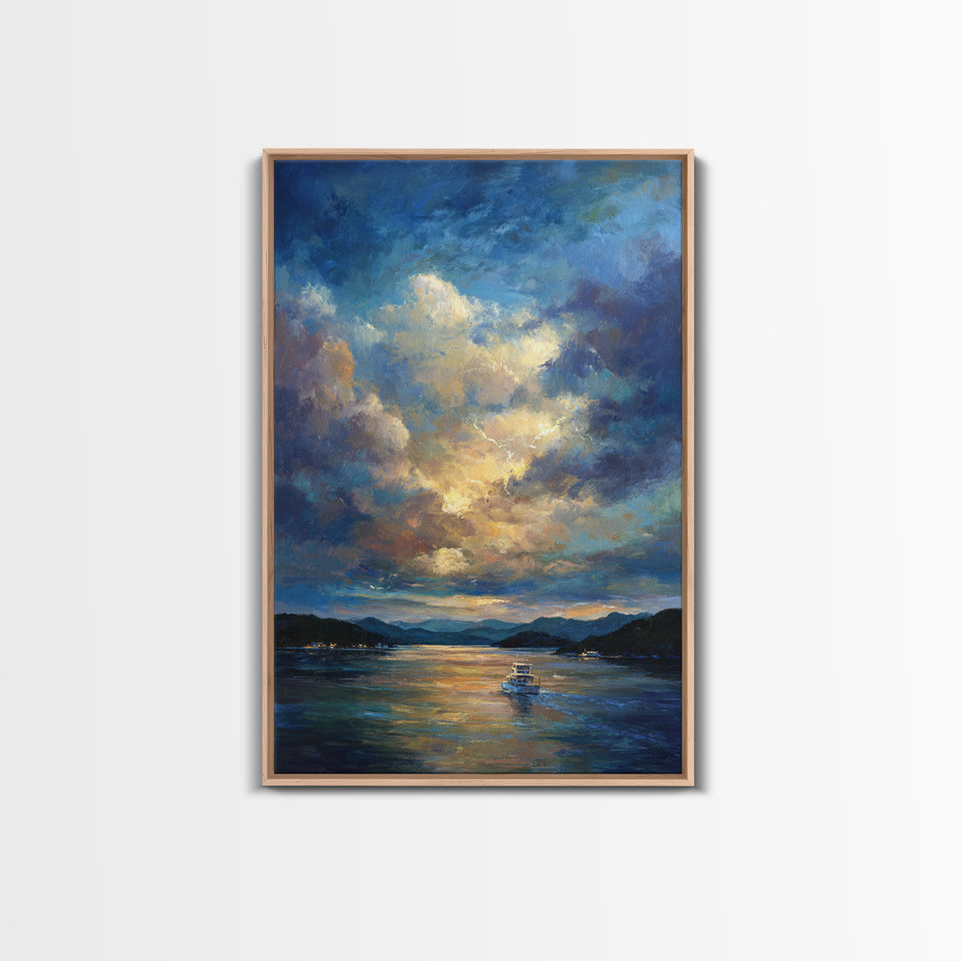 Sunlit Fishing Boat On Tranquil Lake Surrounded By Mountains Sunset Landscape Painting Wall Art Canvas Print