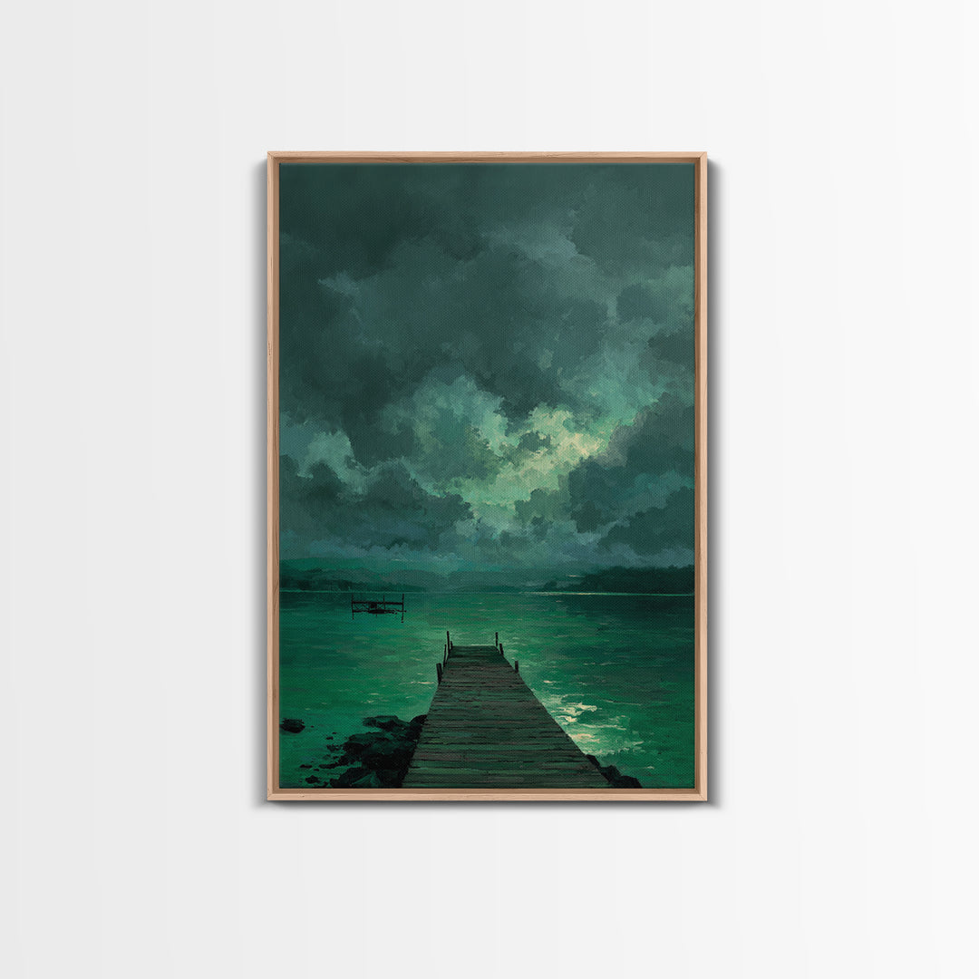Moody Dock On Lake Under Stormy Sky Green Tones Abstract Wall Art Canvas Print Home Decor