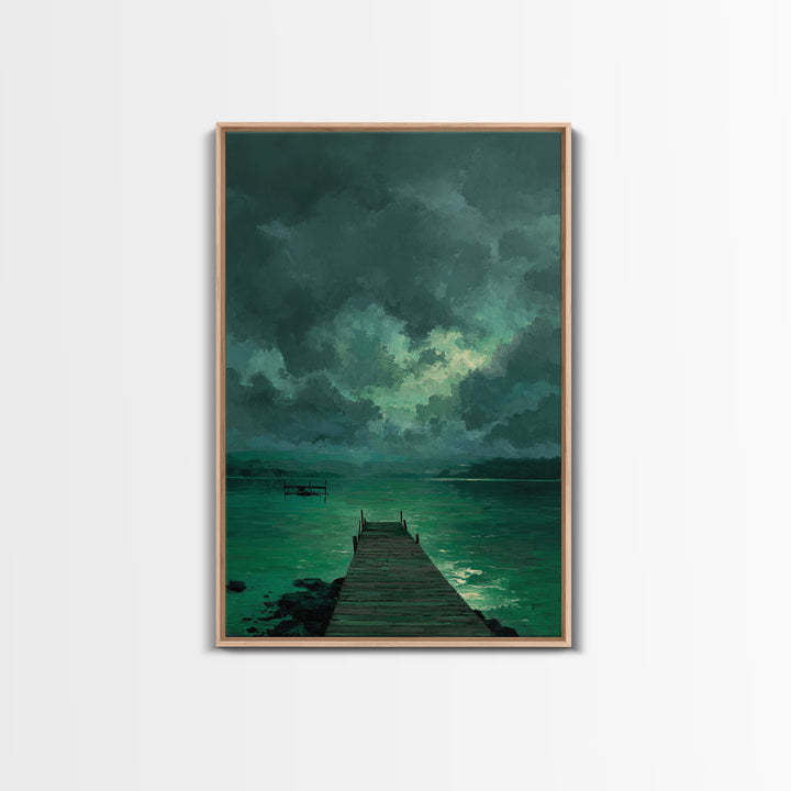 Moody Dock On Lake Under Stormy Sky Green Tones Abstract Wall Art Canvas Print Home Decor