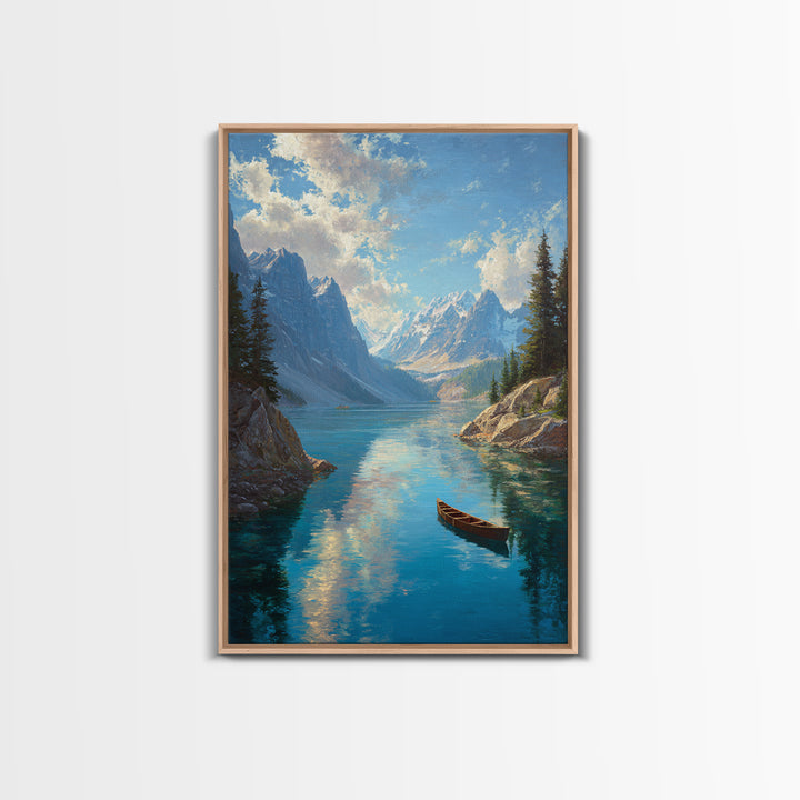 Majestic Mountain Lake Landscape Painting With Canoe In Foreground Vibrant And Serene Nature Scene Wall Art Print For Rustic Living Room Decor Canvas Print