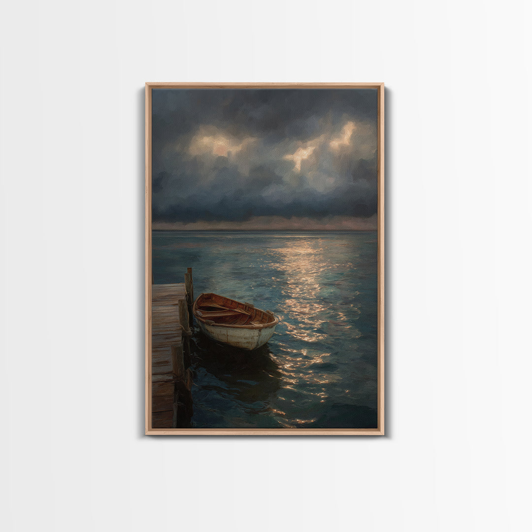 Serene Boat At Dock Under Dramatic Cloudy Sky Sunset Seascape Canvas Print For Coastal Living Room Decor Wall Art