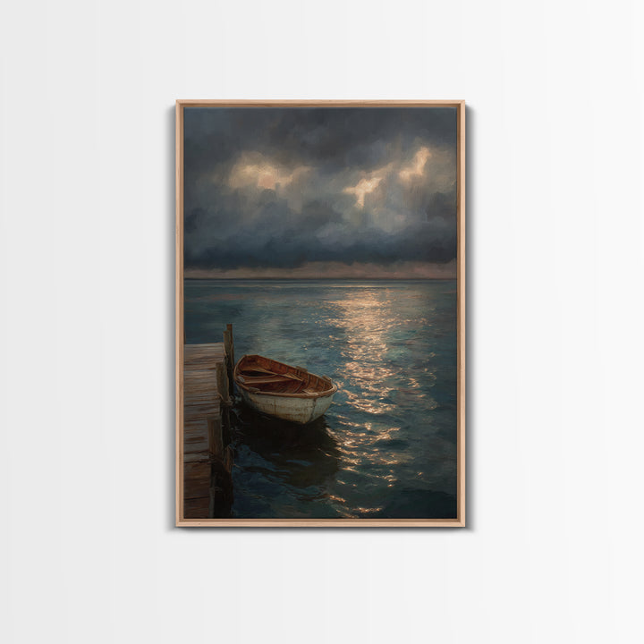 Serene Boat At Dock Under Dramatic Cloudy Sky Sunset Seascape Canvas Print For Coastal Living Room Decor Wall Art