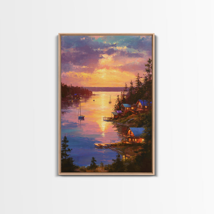 Sunset Lake House Fine Art Oil Painting Wall Art Framed Canvas Print Cozy Landscape Home Decor For Living Room